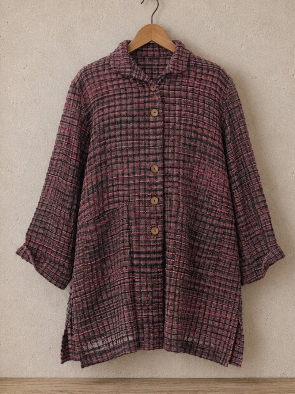 Yasuko Kurisaka One Size Jacket Coat Woven Cotton Lagenlook Pockets Kimono Artsy